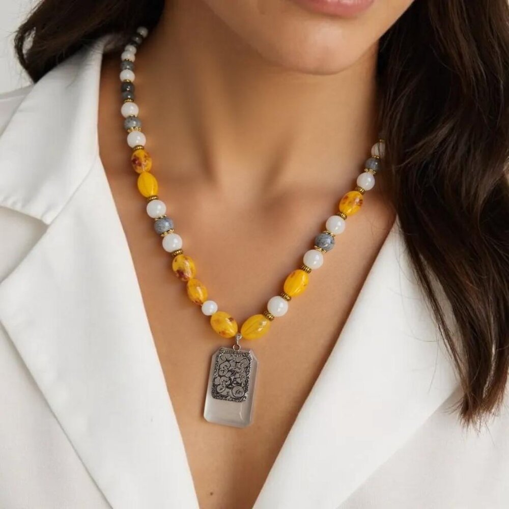 Elegant Gold, Silver, Grey, yellow and white pendant necklace. Medium length bea